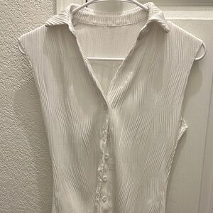 Sleeveless White Textured Button-Front Top